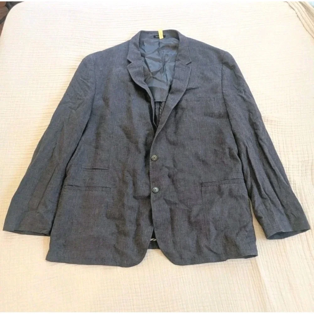 Egara 54L Slim Fit Linen Rayon Blend Blazer Unstructured Blue Herringbone Summer